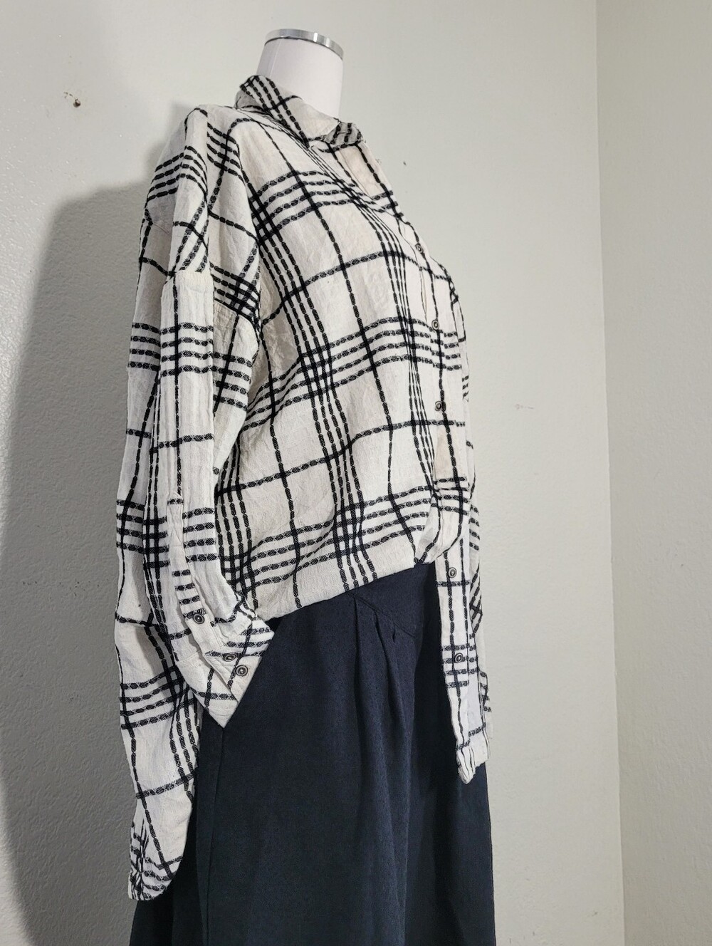 Free People Oversized Button Down Black White Plaided Pattern With Side Slit Sm